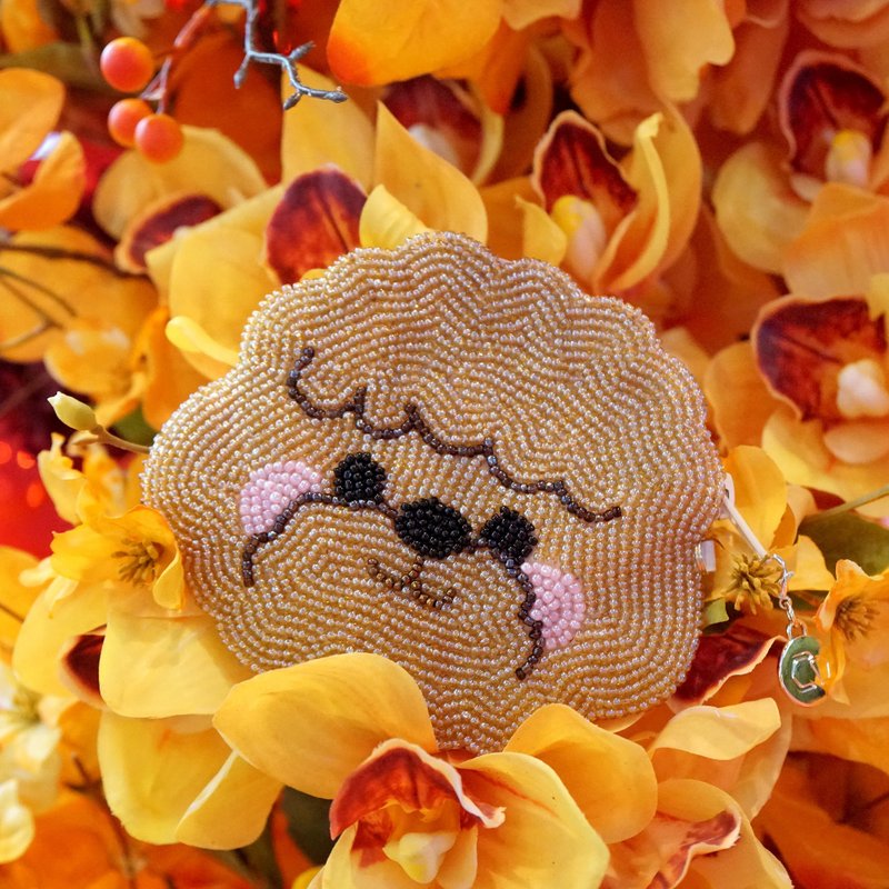 手工串珠零钱包 / 捷运卡包 - 可爱比熊(咖) - 零钱包 - 棉．麻 咖啡色