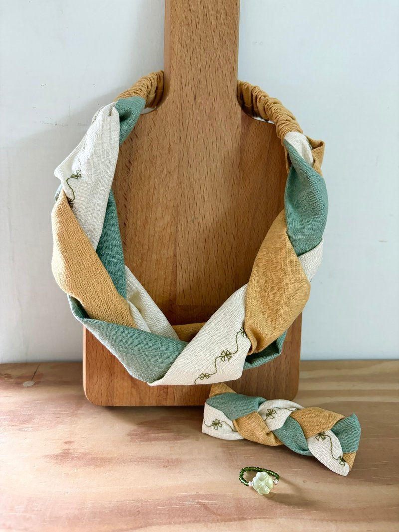 编织发带-幸运草黄(电绣)+发夹+戒指 - 发带/发箍 - 棉．麻 黄色