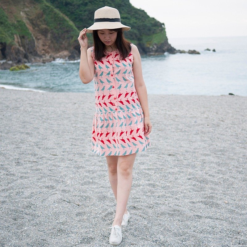 台湾八哥红色无袖洋装_大人款(印花乐合作款) - 洋装/连衣裙 - 棉．麻 粉红色