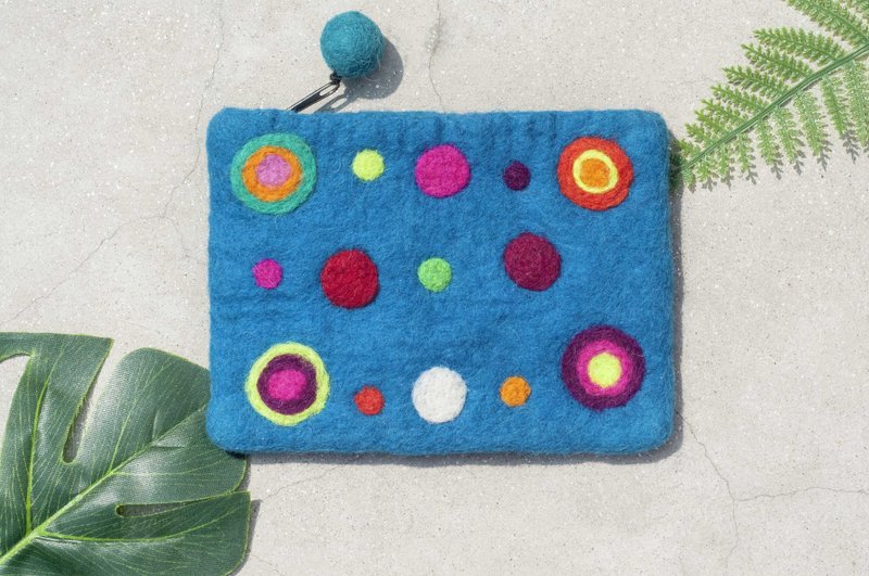 羊毛毡化妆包 民族风包 悠游卡套 手机包 零钱包 耳机袋-彩色点点 - 化妆包/杂物包 - 羊毛 蓝色