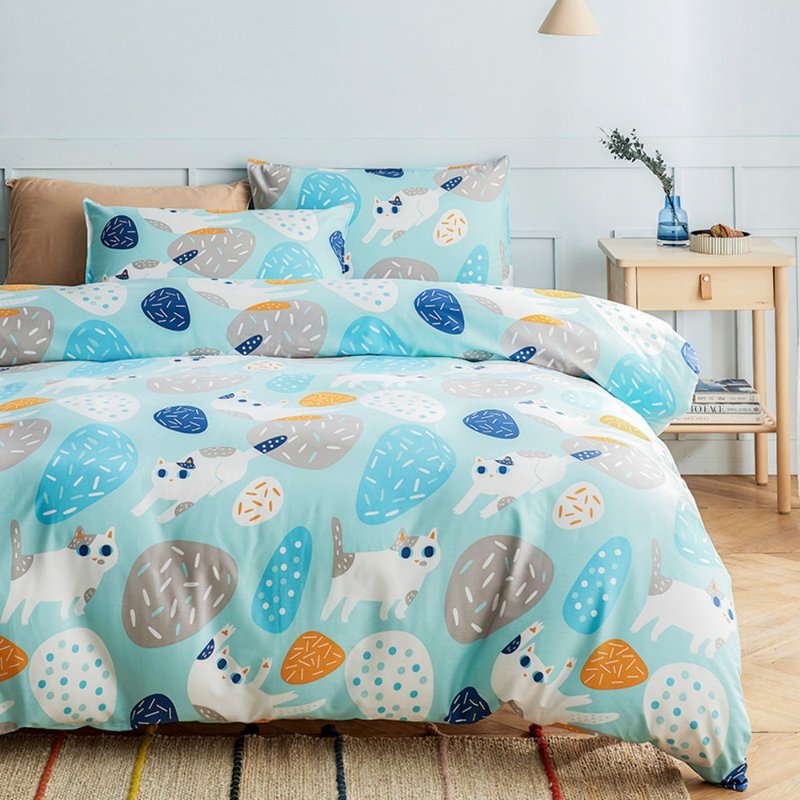 團團喵 枕套+被套兩件組 單人雙人原創手繪貓咪40支純棉 床包另購 - 寝具 - 棉．麻 蓝色