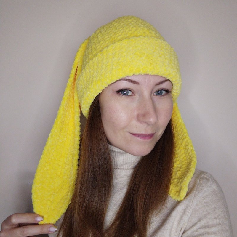 32 种颜色。黄色兔子毛线帽钩针。毛绒兔子帽子。毛绒兔子毛线帽 - 帽子 - 其他材质 黄色