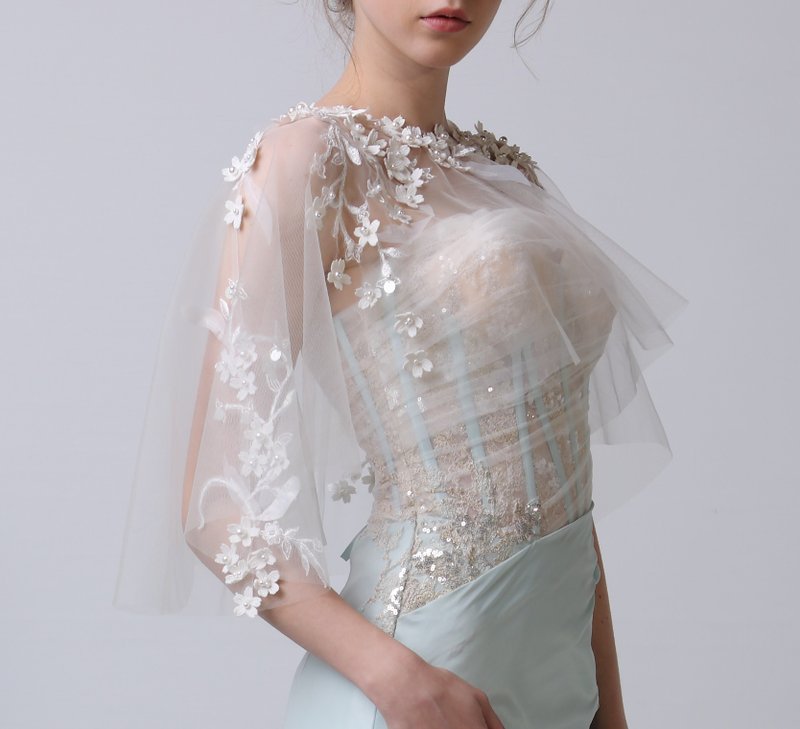 蕾丝 披肩 米色 披风 珍珠 小花 优雅 好搭配 宴会 婚纱 好搭配 - 女装休闲/机能外套 - 聚酯纤维 白色