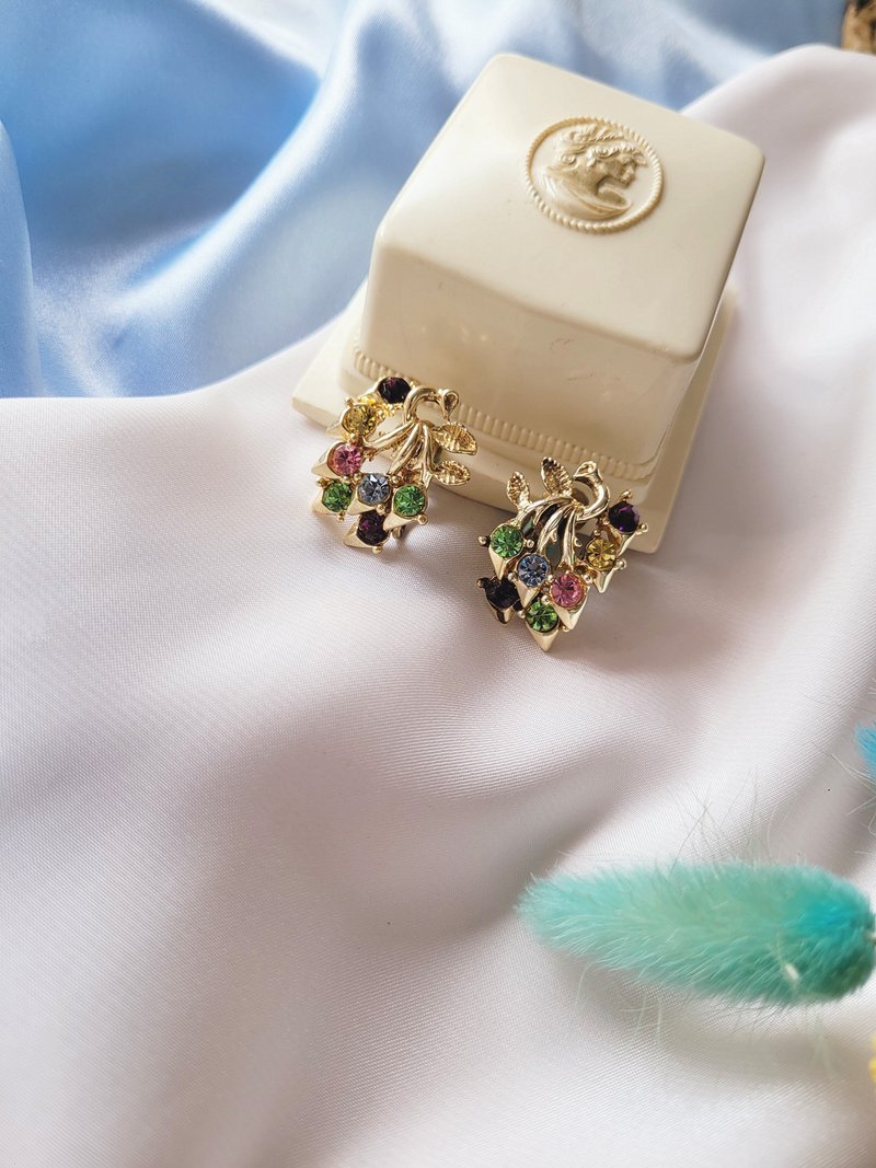 美国西洋古董饰品 / coro多彩莱茵金叶夹式耳环/复古珠宝首饰 - 耳环/耳夹 - 其他金属 