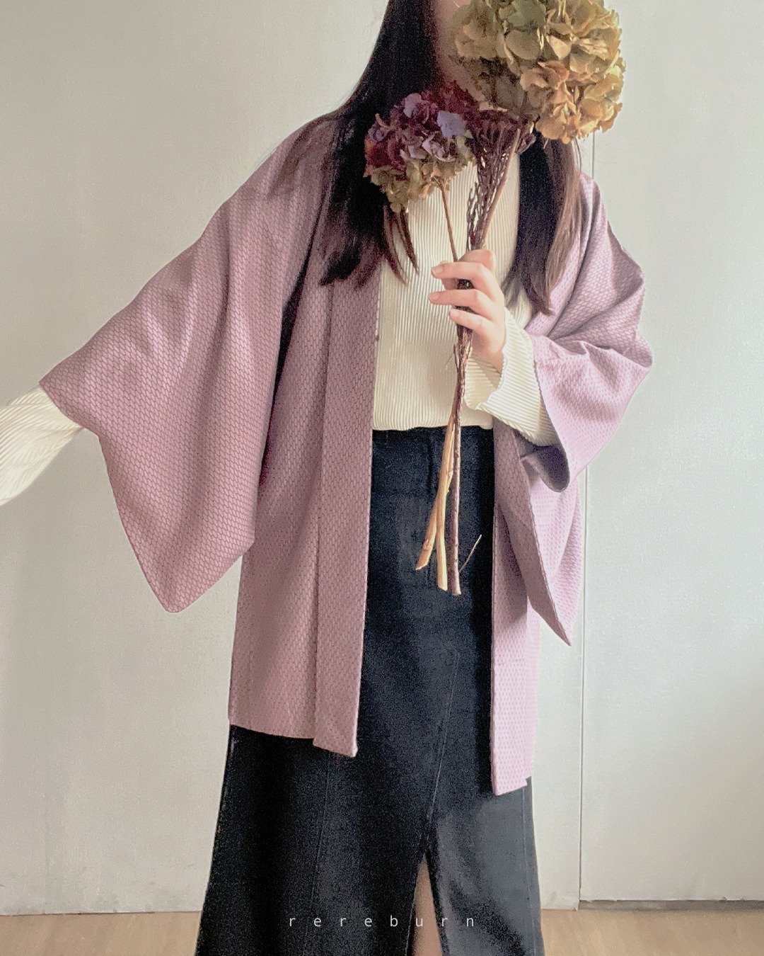 日本制和风印花薄款紫色格子古着羽织和服外套 - 女装休闲/机能外套 - 聚酯纤维 紫色