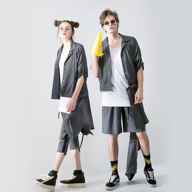 【中性款】 多变化 七分袖外套 / 灰白条 - 女装西装外套/风衣 - 聚酯纤维 灰色