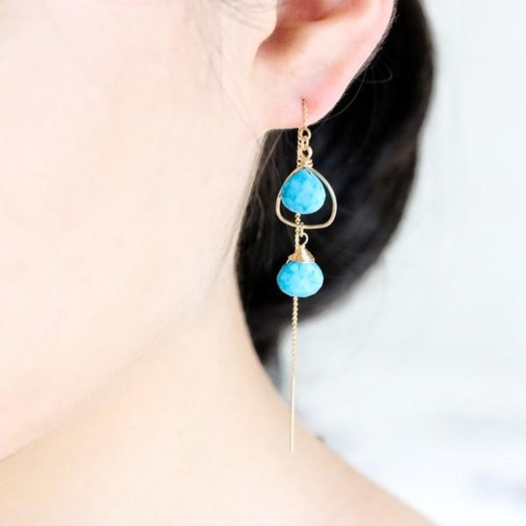The protector stone of the life Turquoise hammer eyes pattern of heart frame American earrings December birthstone - 耳环/耳夹 - 宝石 