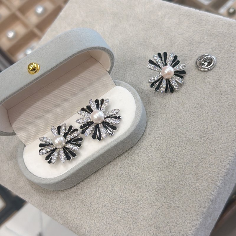 PJ日本真珠黑雏菊马刺针胸针领带针耳环 - 领带/领带夹 - 铜/黄铜 