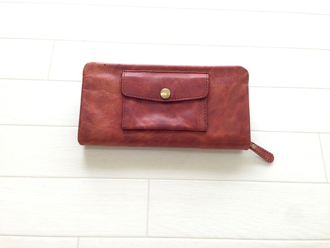 012BR Leather wallet pocket round long wallet leather wallet mouth bag leather wallet pocket round long wallet - 皮夹/钱包 - 真皮 咖啡色
