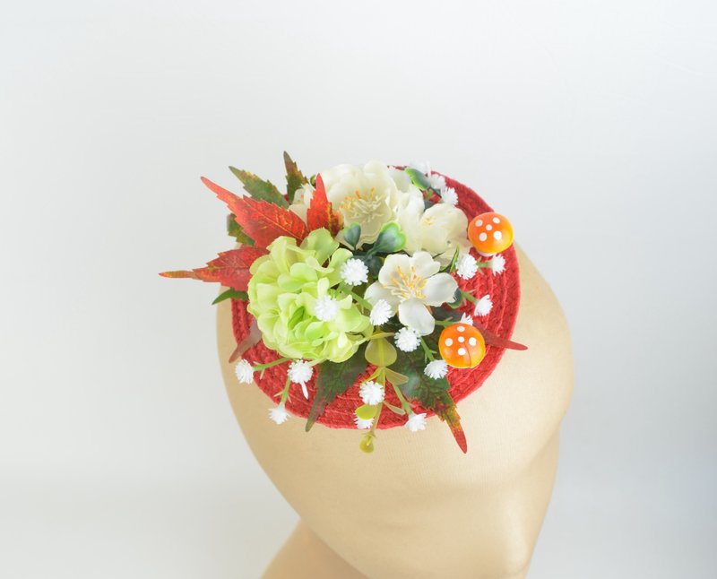 莱姆绿丝质花朵与可爱蘑菇鸡尾酒派对头饰婚礼 - 发饰 - 其他材质 红色