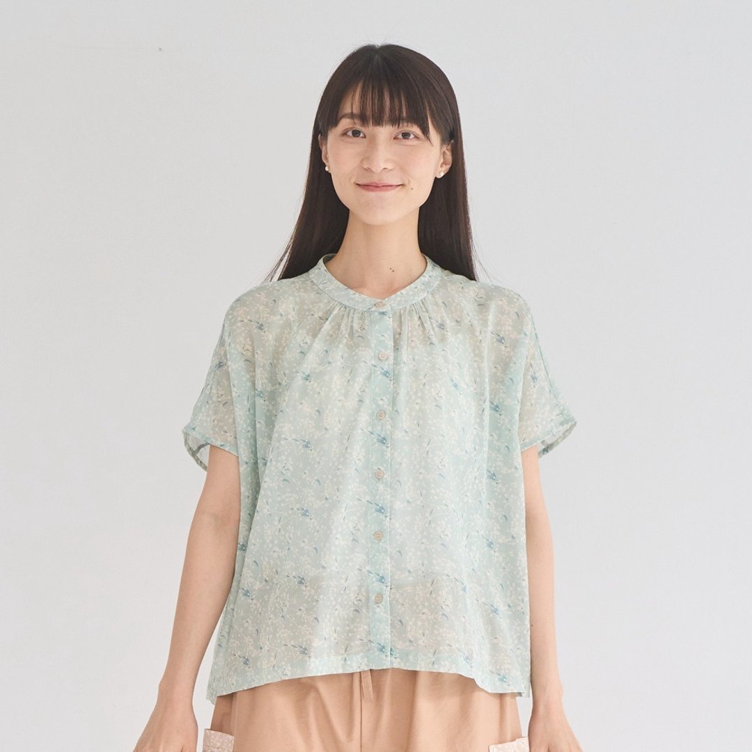 透肤宽版上衣/飞樱/微风绿/花束 - 女装上衣 - 棉 绿色