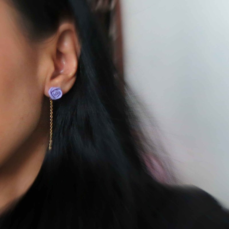 玫瑰花园 -  紫玫瑰耳环  14k 包金 - 耳环/耳夹 - 粘土 紫色