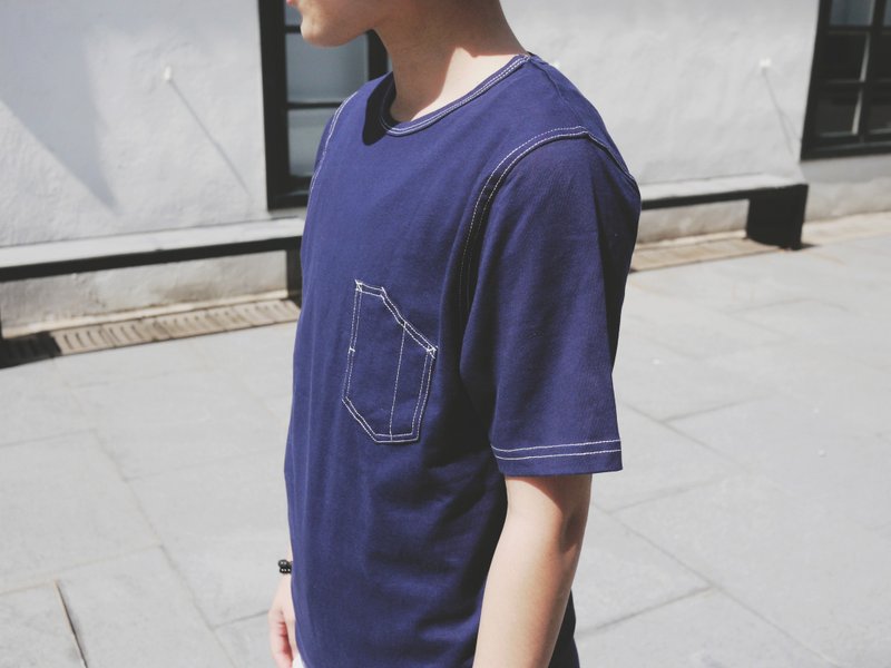 撞色车线短T/圆领Tee/素色/口袋T/Pocket Tee/情侣款/中性款/蓝染/素T - 中性连帽卫衣/T 恤 - 棉．麻 灰色