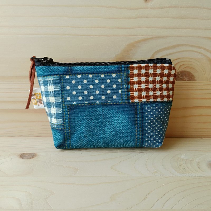 碎花格子牛仔零钱包 - 零钱包 - 棉．麻 绿色