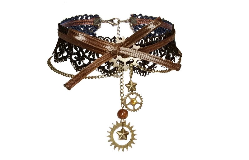 蒸汽朋克 黑咖蕾丝 齿轮颈饰 脖圈 颈圈项链 choker - 项链 - 半宝石 咖啡色