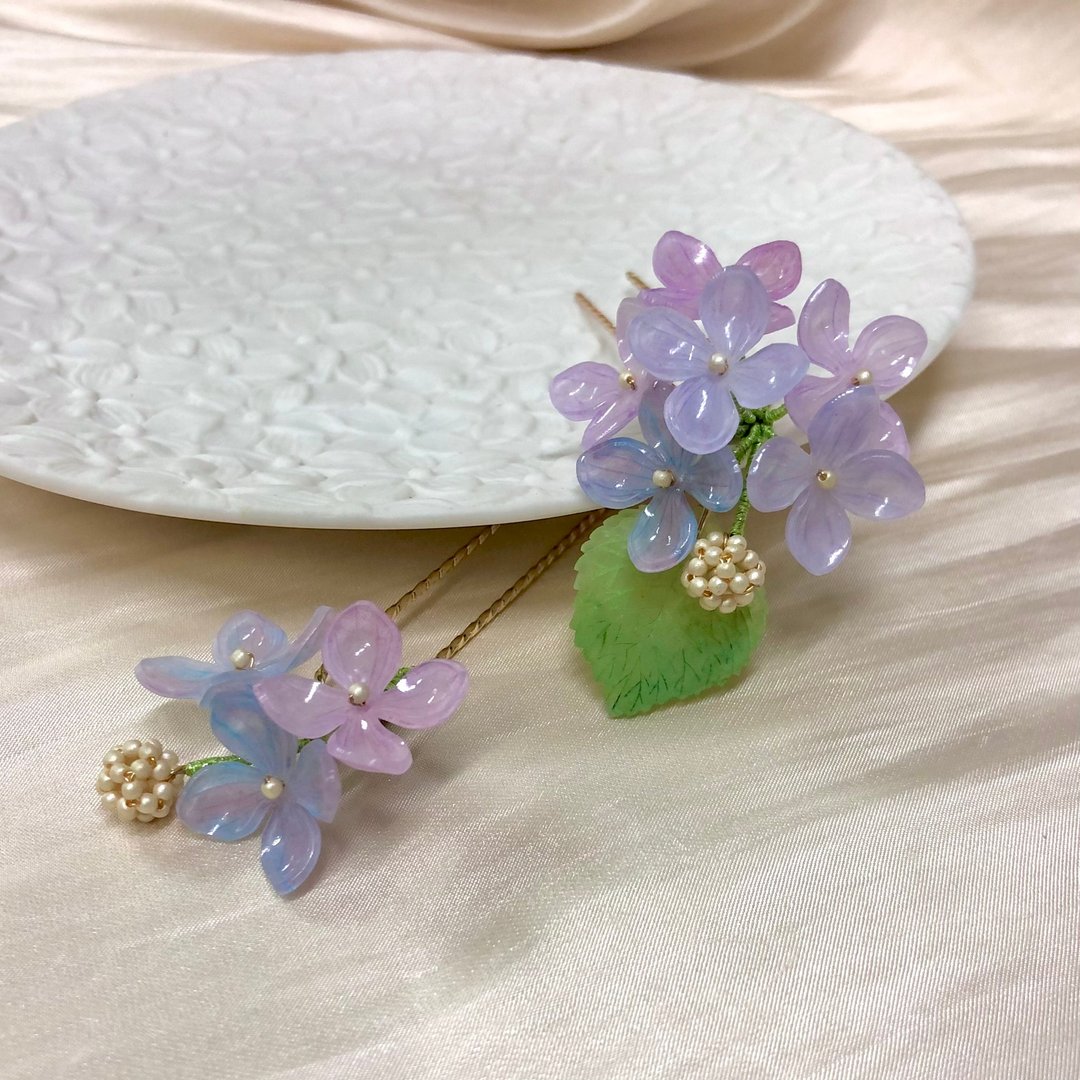 【若桑】紫阳花/绣球花。无尽夏。发叉/发簪。新娘头饰/和服发饰 - 发饰 - 树脂 紫色