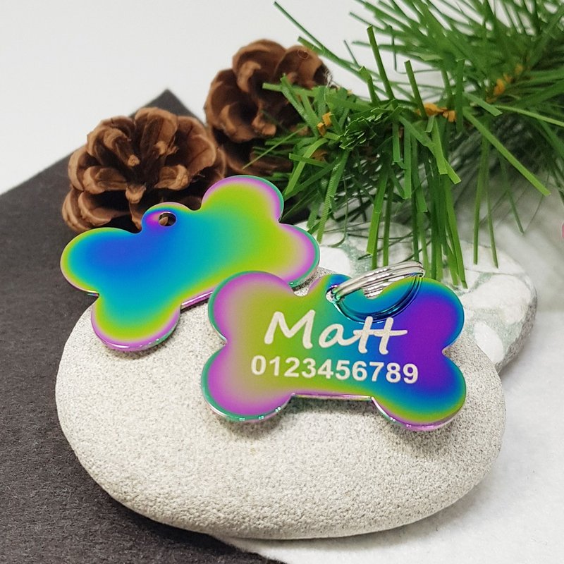 【Fulgor Jewel】宠物吊牌  姓名牌 刻字吊牌 不锈钢彩色骨头 - 项圈/牵绳 - 防水材质 银色