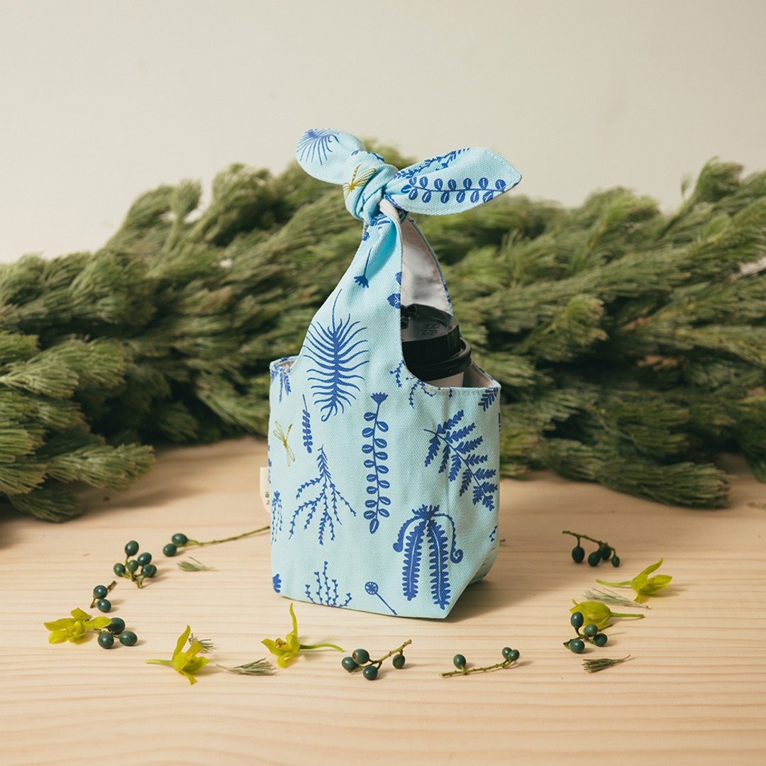 小胖兔耳袋/野花草与蜻蜓/花瓣蓝紫 - 随行杯提袋/水壶袋 - 棉 蓝色
