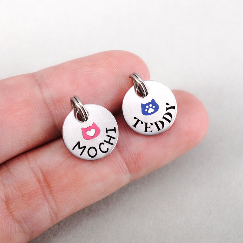 猫标签自定义小猫标签 手工小可爱猫咪标签 - 项圈/牵绳 - 不锈钢 银色