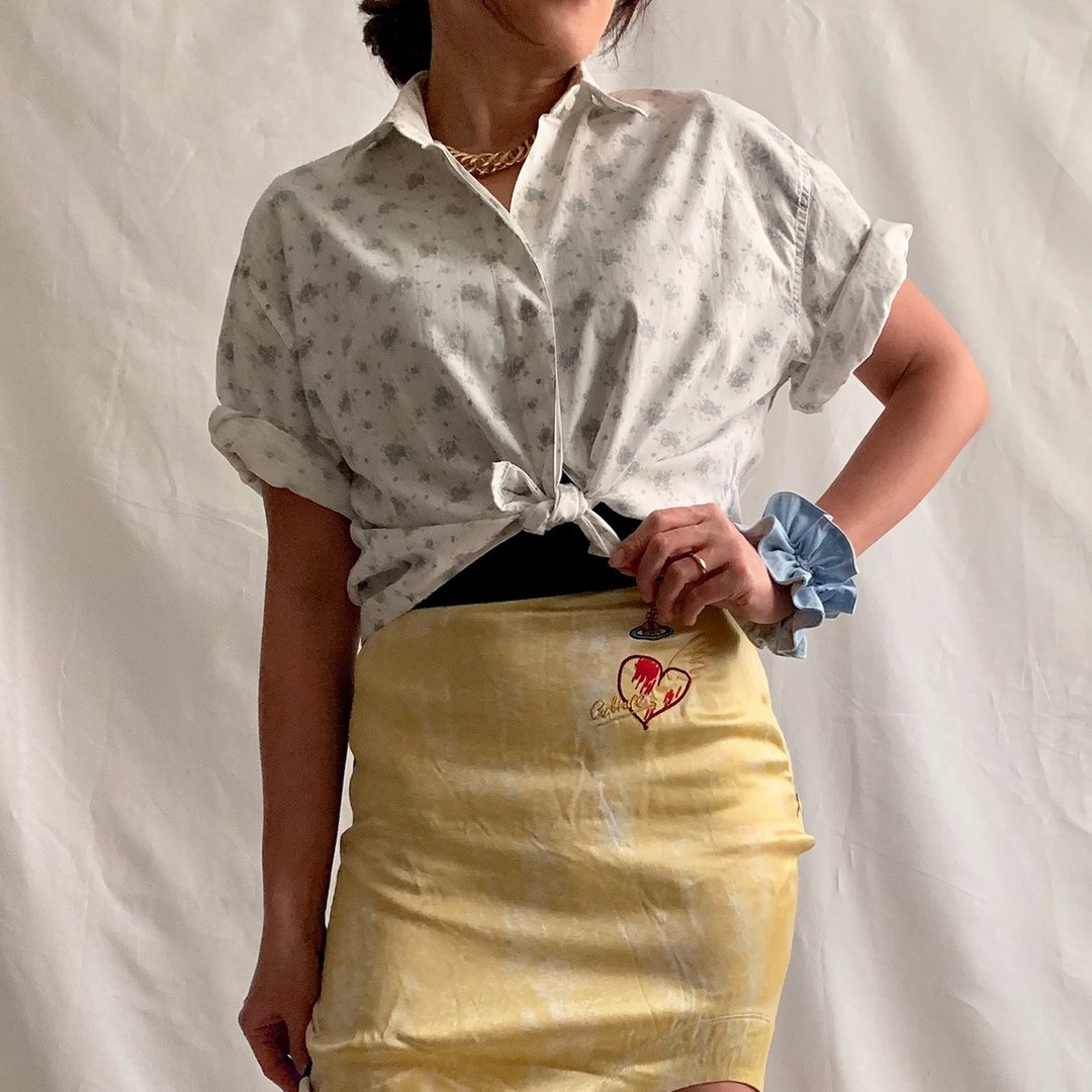 90年代  欧洲古着 意大利制蓝色碎花衬衫 附赠双色发圈 - 女装衬衫 - 棉 白色