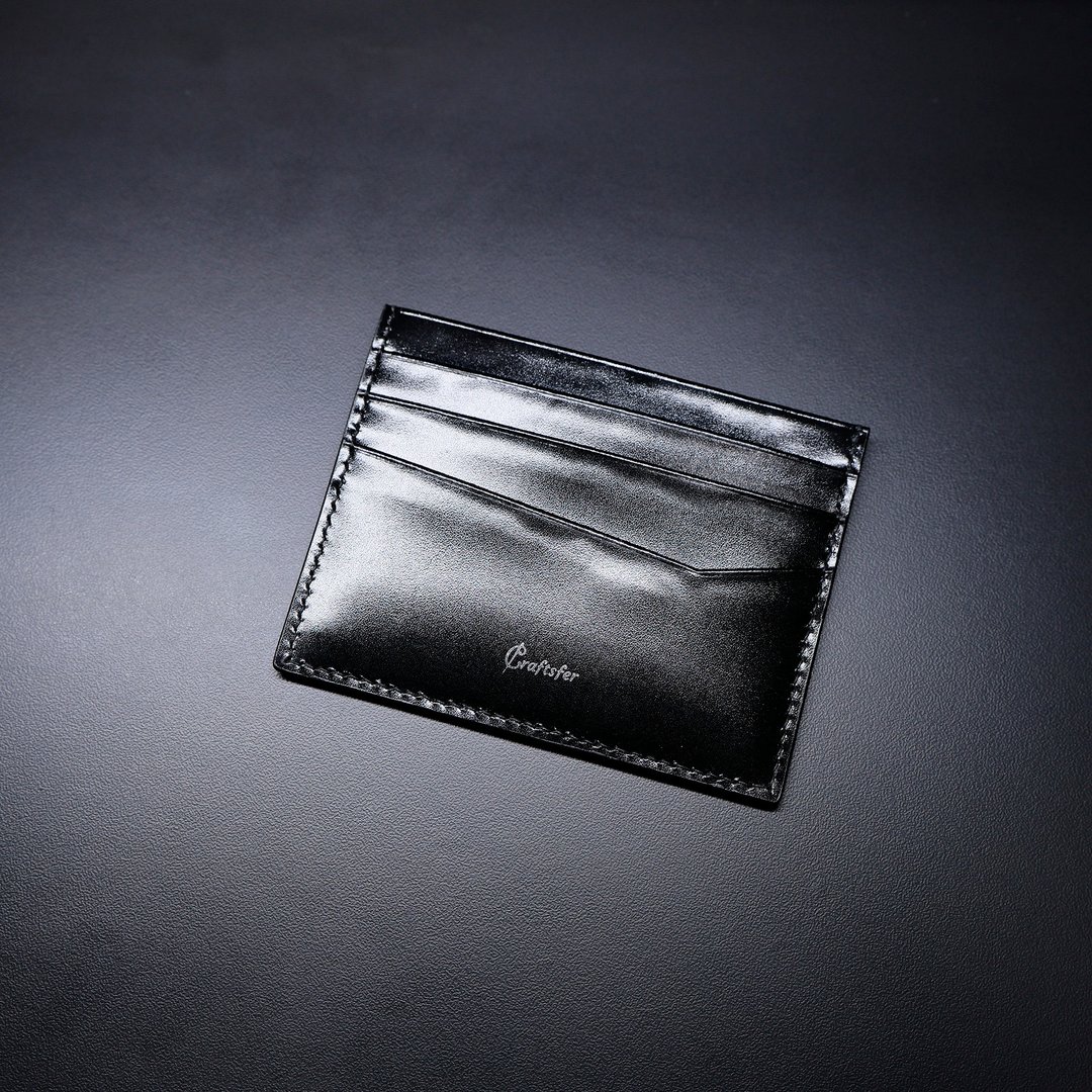 【新品】Premium V 日本马臀皮风格信用卡套 - 钢琴黑 - 双针马鞍手缝 - 皮夹/钱包 - 真皮 黑色