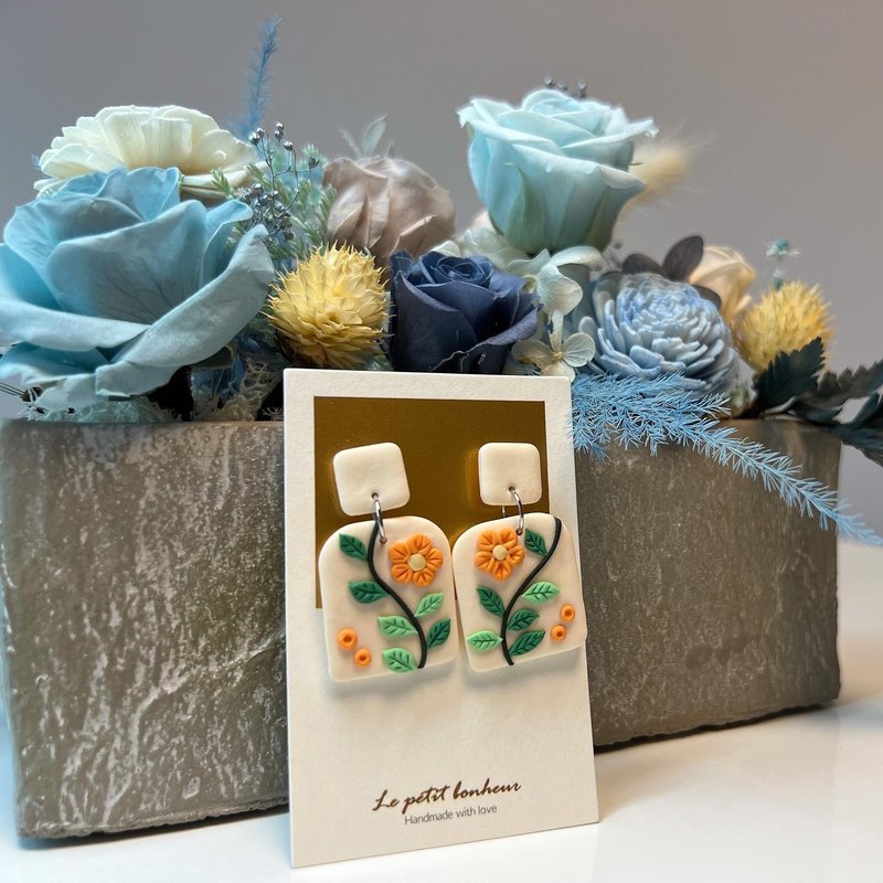 小花与叶 软陶耳环/耳夹 - 耳环/耳夹 - 陶 