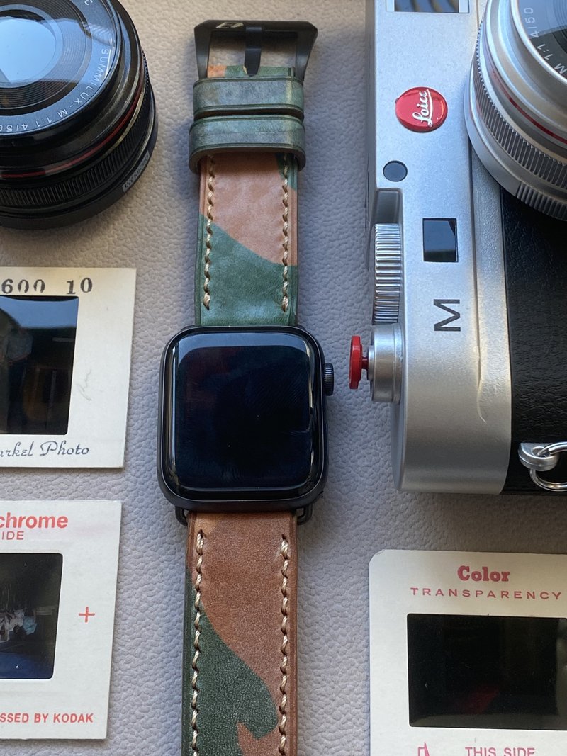 迷彩色 浅啡色主调真皮皮革 Appl e Watch 44mm 45mm 全手工表带 - 表带 - 真皮 卡其色