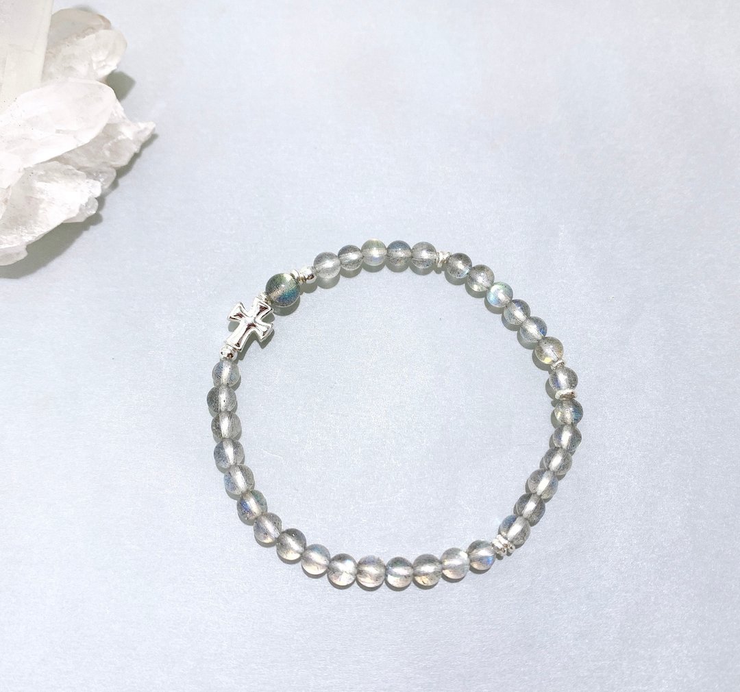 Ops Labradorite bracelet -拉长石/纯银/十字架/限定/礼物/蓝光 - 手链/手环 - 宝石 银色