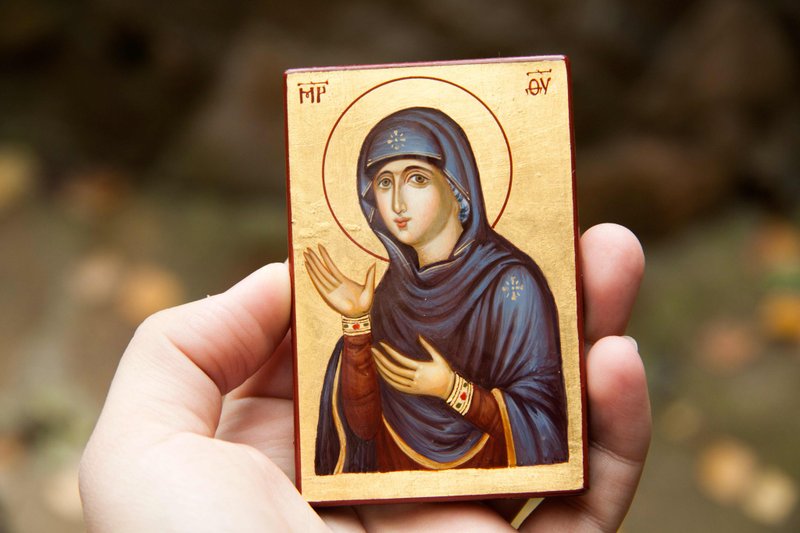hand painted orthodox christian Virgin Mary icon, miniature religious painting - 其他 - 环保材料 金色