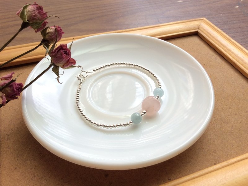 Ops Rose Quartzx & Aquamarine silver  bracelet -粉晶/海蓝宝/纯银/粉嫩/手链 - 手链/手环 - 宝石 粉红色