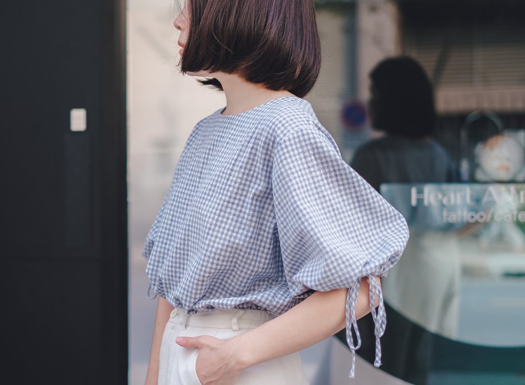 【圣诞礼盒】Puff-Puff Sleeves 棉,麻质 oversize 蓝色衬衫 Blue - 女装衬衫 - 棉 蓝色