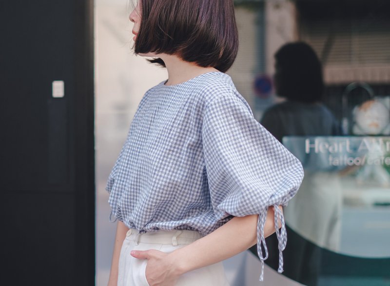 【圣诞礼盒】Puff-Puff Sleeves 棉,麻质 oversize 蓝色衬衫 Blue - 女装衬衫 - 棉．麻 蓝色