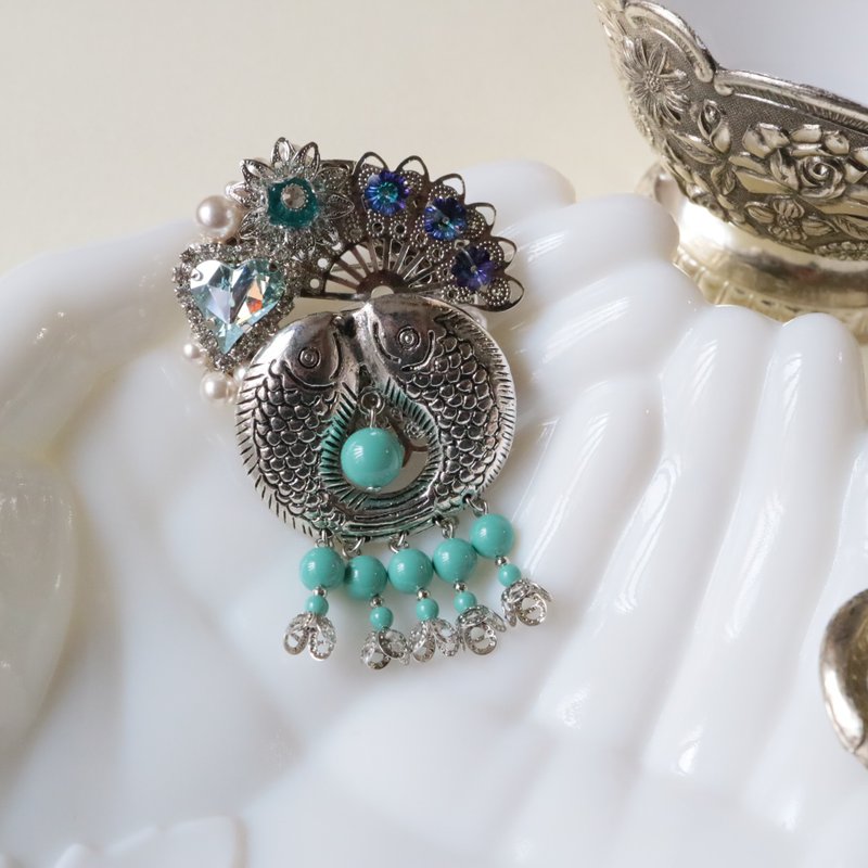 沉鱼美人 西施 中国 中华 历史 传说 幻想 奇幻 鱼 鱼类 花朵 蓝绿色 胸针 发簪 簪子 钗 步摇 水晶玻璃 双鱼座 - 胸针 - 玻璃 绿色