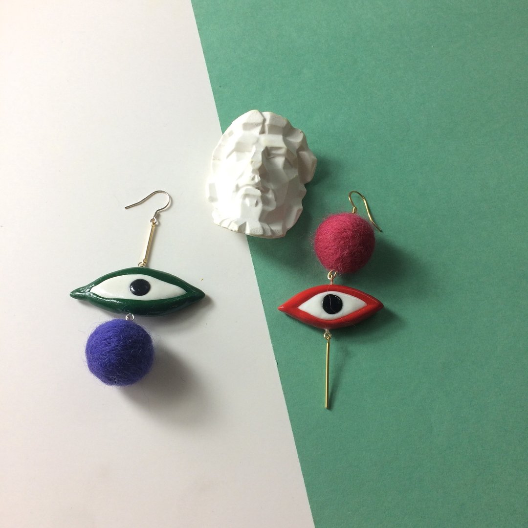 eye2黏土耳環-手工製作 - 耳环/耳夹 - 粘土 多色
