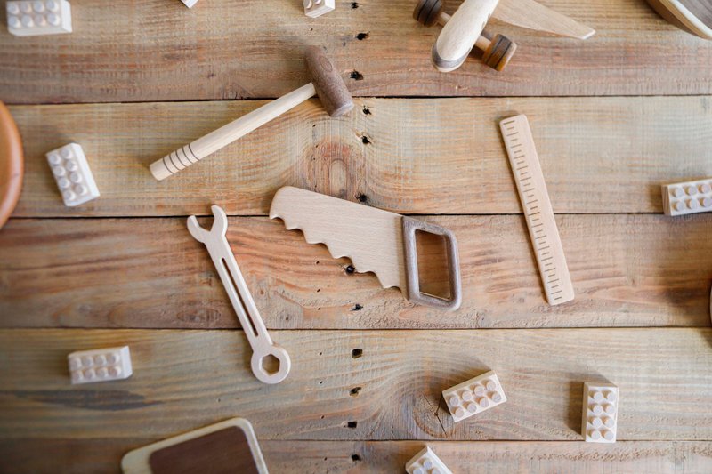 工具4件组 锯/槌/板手/尺 抓周小物 玩具 收藏 摆饰 祈福 - 玩具/玩偶 - 木头 多色