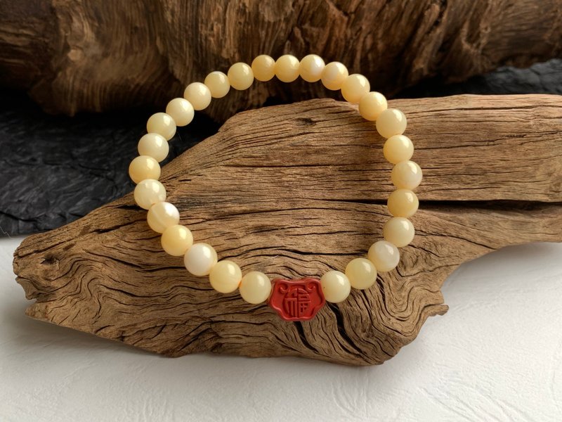 天然黄金砗磲 朱砂 手链 红福  6mm砗磲手链 - 手链/手环 - 贝壳 黄色