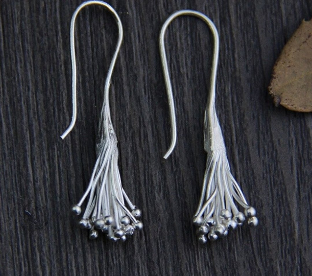 Real S 925 Sterling Silver Women Exotic Tassels Designer Dangle Earrings - 耳环/耳夹 - 纯银 银色