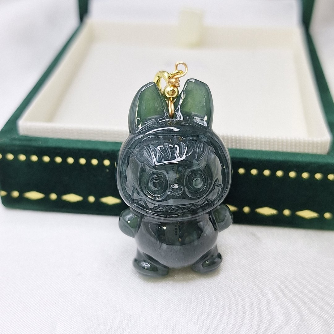 危料 卡通 拉布布 labubu 吊坠 14K包金 | 天然A货翡翠 - 项链 - 玉石 