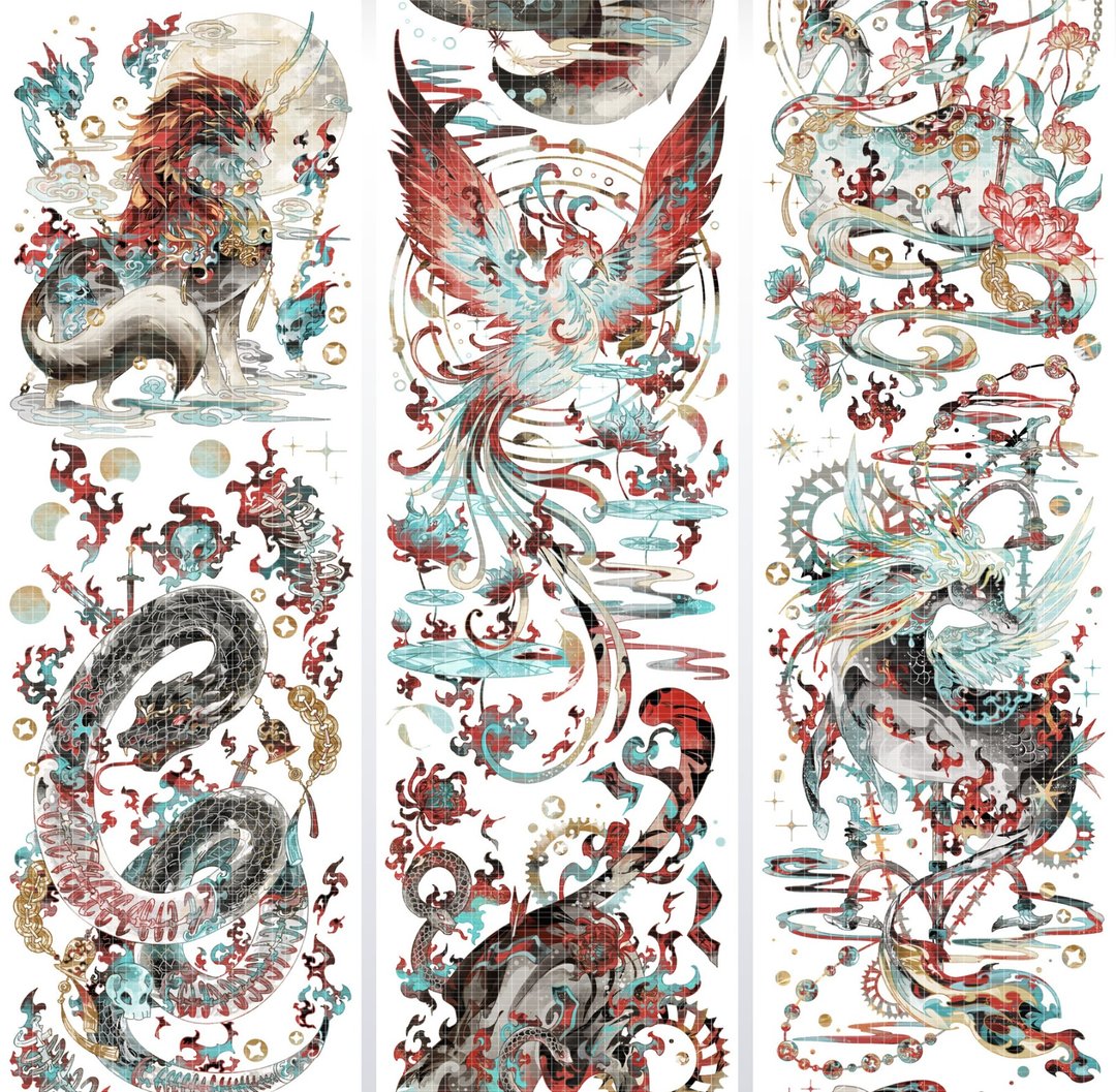 異獸 (麒麟/鳳凰/龍/虎) PET 紙膠帶 貝殼光 10米卷 - 纸胶带 - 其他材质 多色