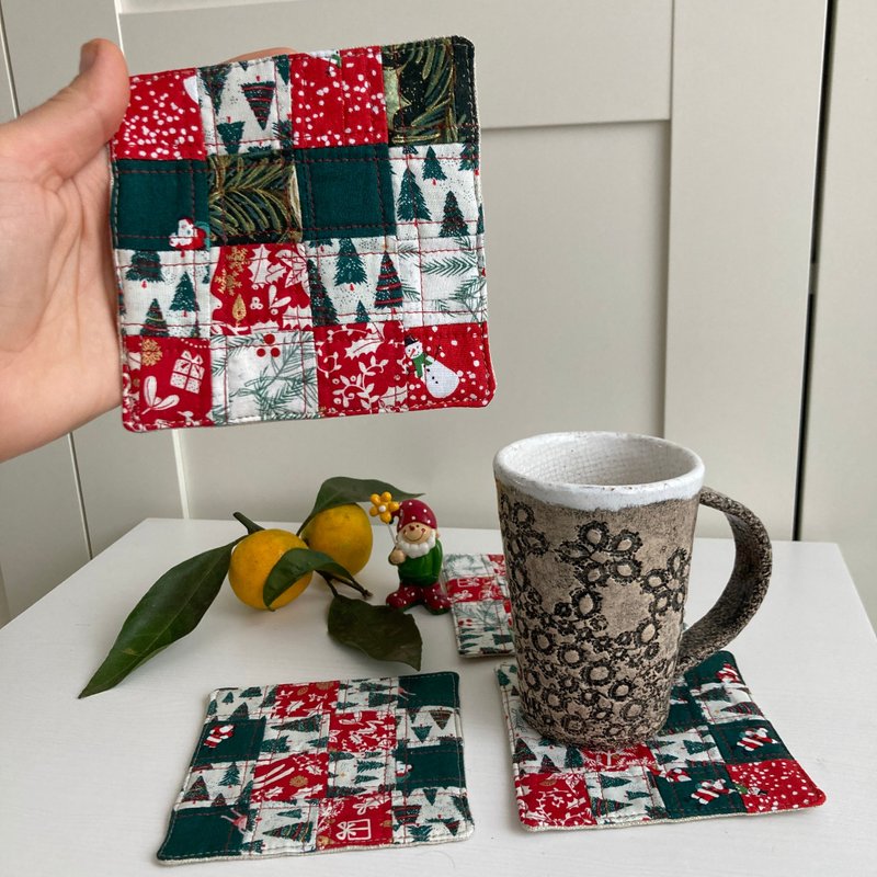 除夕杯垫 4 件套亚麻棉杯垫 11.5 x 11.5 厘米 - 杯垫 - 亚麻 绿色