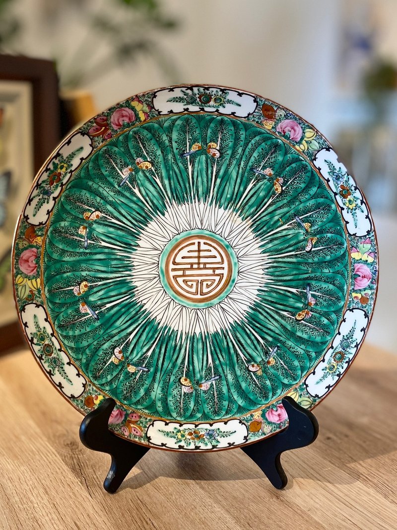 Vintage 香港 A.C.F 广彩手绘白菜蝴蝶瓷盘 - 盘子/餐盘/盘架 - 瓷 绿色