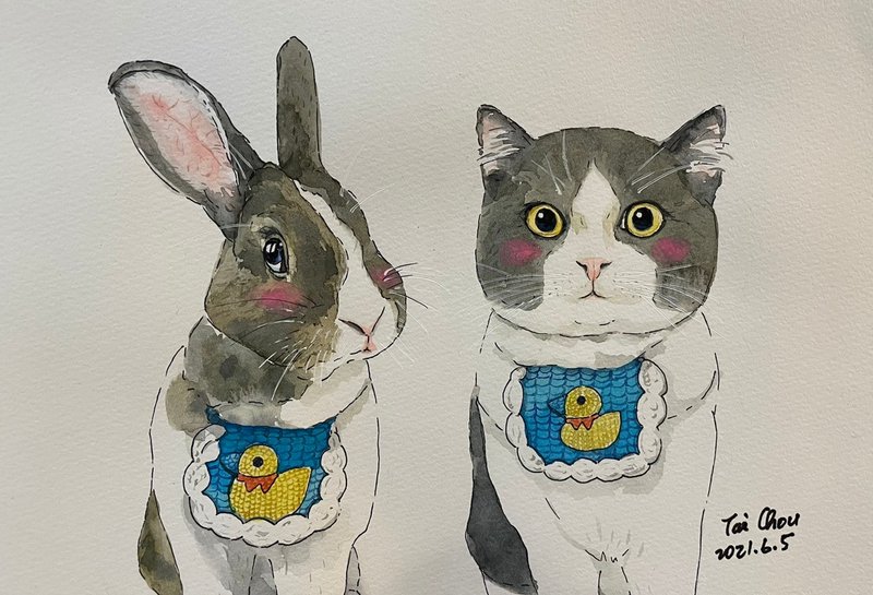 T.O肖像画(A4尺寸)双人或亲爱的宠物 - 订制画像 - 纸 