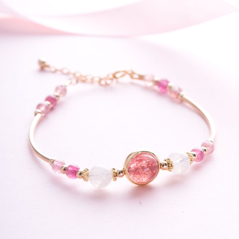 草莓晶月光石碧玺手链 |14KGF手链 天然水晶 月亮石定制手环礼物 - 手链/手环 - 半宝石 粉红色