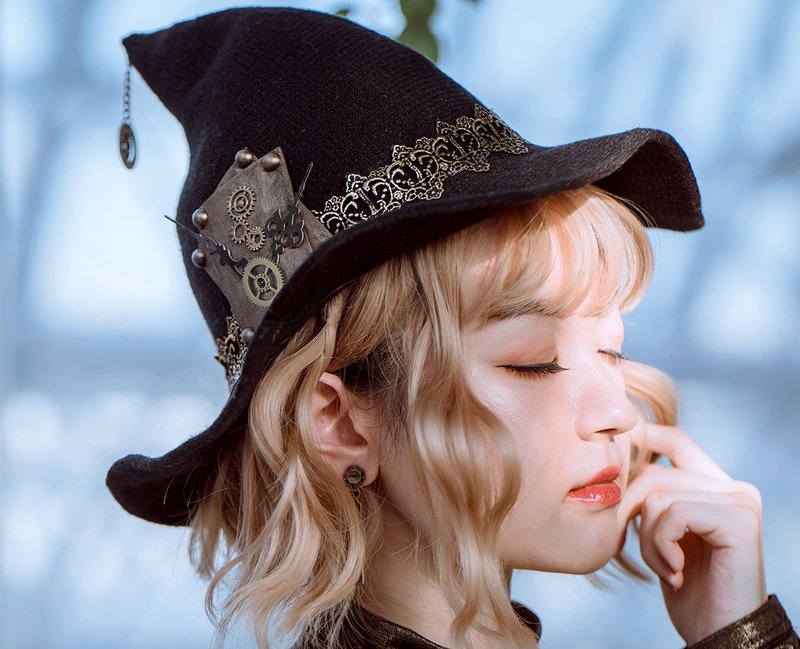 蒸汽朋克 steampunk 万圣节 女巫 巫师帽 魔女帽 针织毛线帽 - 帽子 - 其他人造纤维 黑色