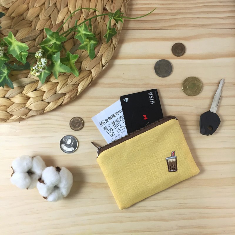 娜吉小物。台湾刺绣零钱包－珍珠奶茶 - 零钱包 - 棉．麻 黄色