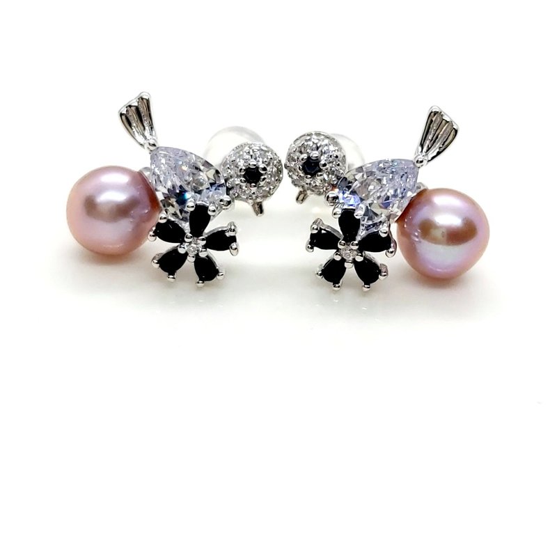 满钻小鸟淡水珍珠纯银耳环 - 耳环/耳夹 - 珍珠 