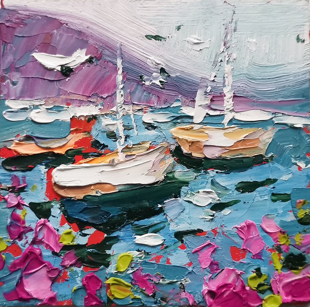 Michigan Sailboats Painting Original Art Impasto Oil Painting Poppy Art Verafe - 海报/装饰画/版画 - 其他材质 蓝色