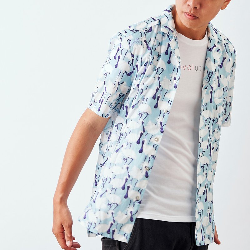 黑面琵鹭 花衬衫_天蓝 - 男装衬衫 - 棉．麻 蓝色