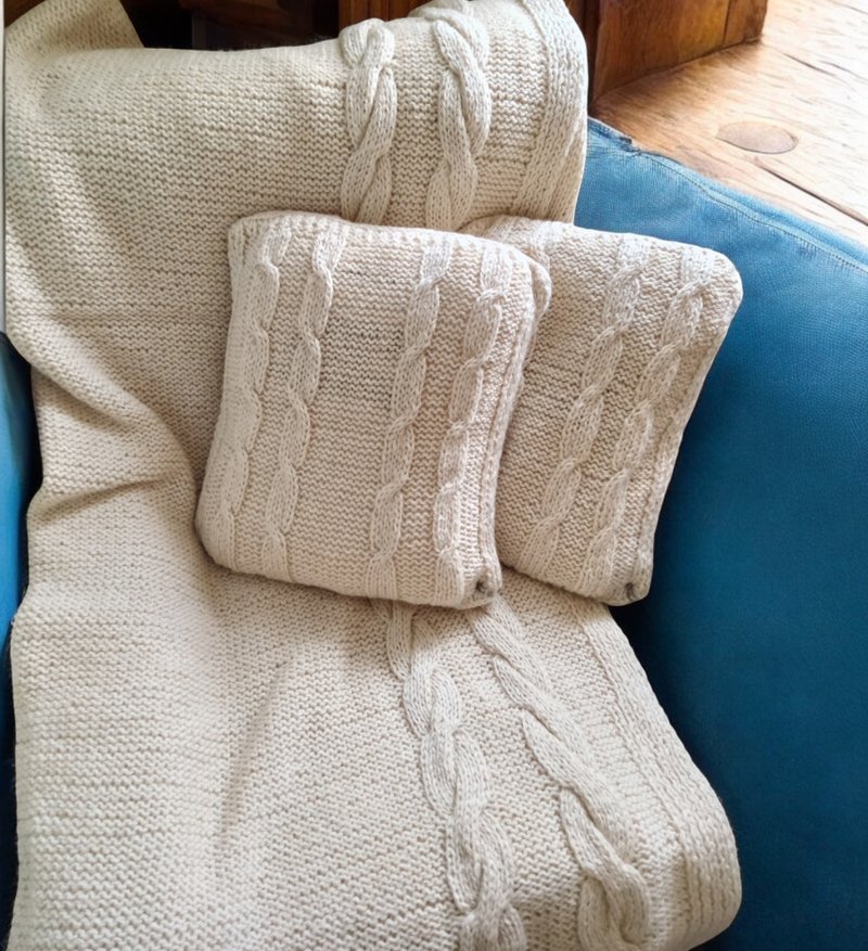 编织大毛毯和编织抱枕套组 - 天然羊毛制 - 手工编织温暖组合 - 被子/毛毯 - 羊毛 黄色