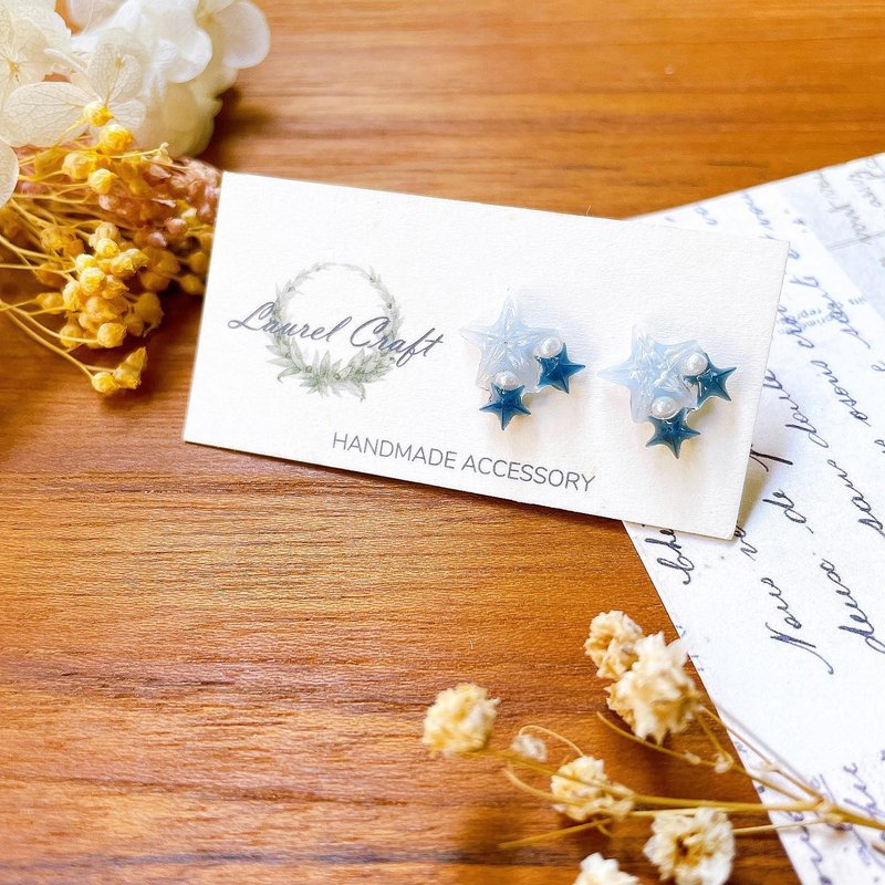 莫兰迪色系 星砂 灰蓝碎花款 小款 925纯银针耳环/无痛耳夹 - 耳环/耳夹 - 植物．花 蓝色